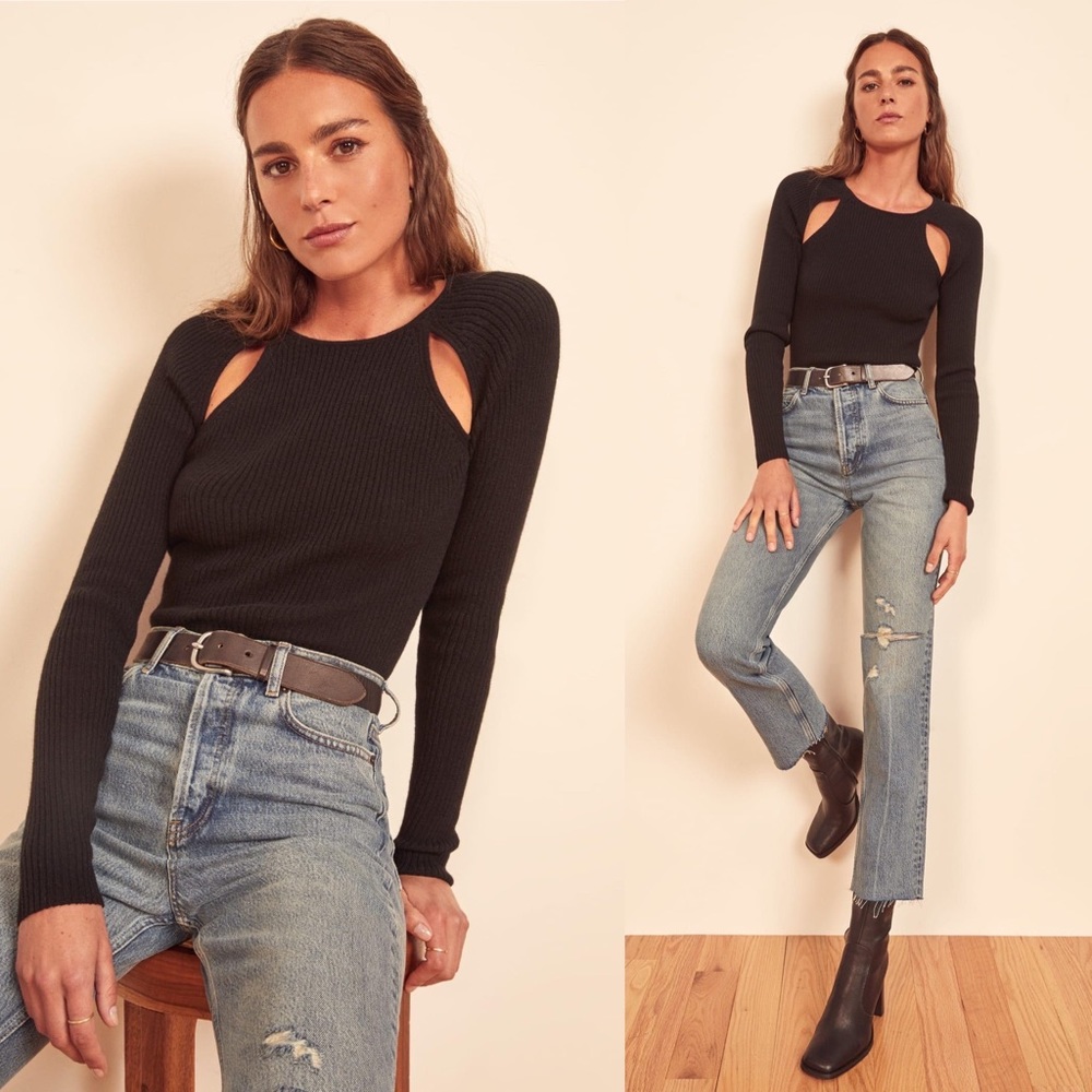 Reformation Black Ribbed Cutout Crew Neck Sweater